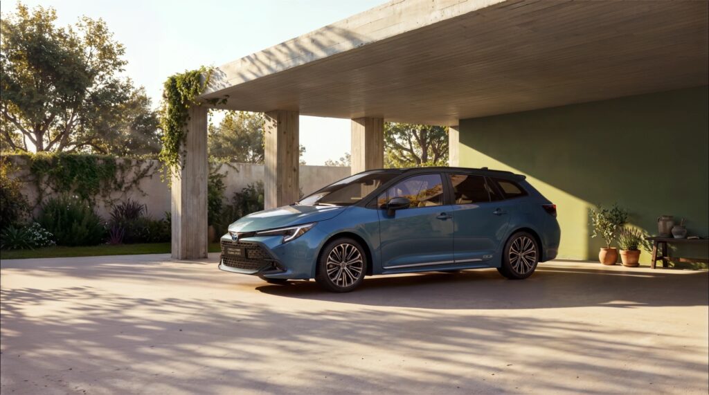 Toyota Corolla Touring Sports in Blau unter einem Carport