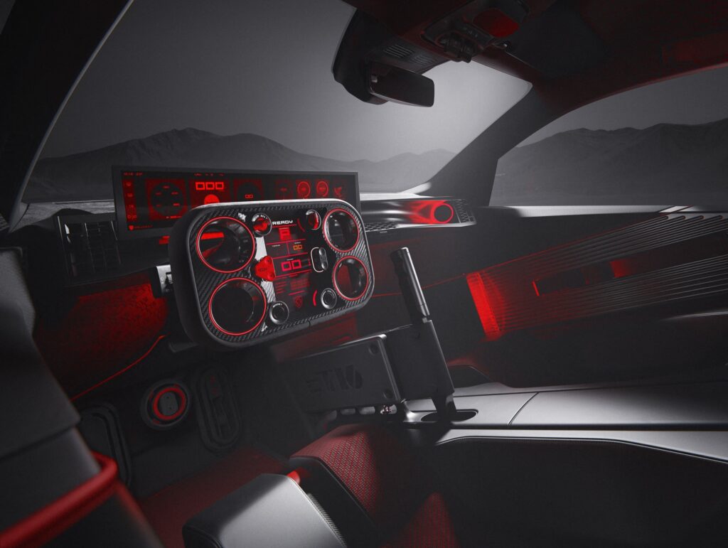 Cockpit des Peugeot E-T16 Concept mit eckigem Hypersquare-Lenkrad, breitem Display und senkrechtem Handbremshebel
