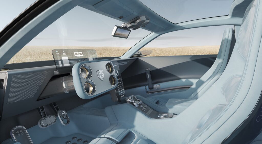 Innenraum des Peugeot RCZ Vision mit Hypersquare-Lenkrad, transparentem Display und hellblauen Sitzen