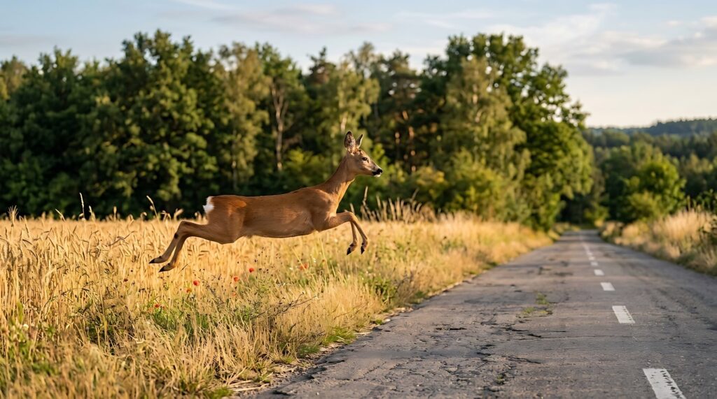 Reh springt über eine Landstraße am Waldrand